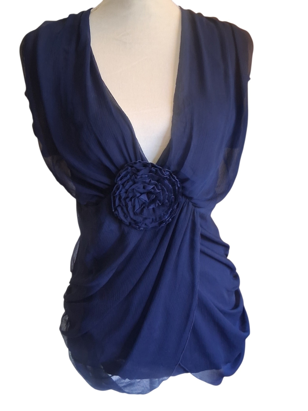 Deletta Navy Sleeveless V-Neck Top with Floral Rosette